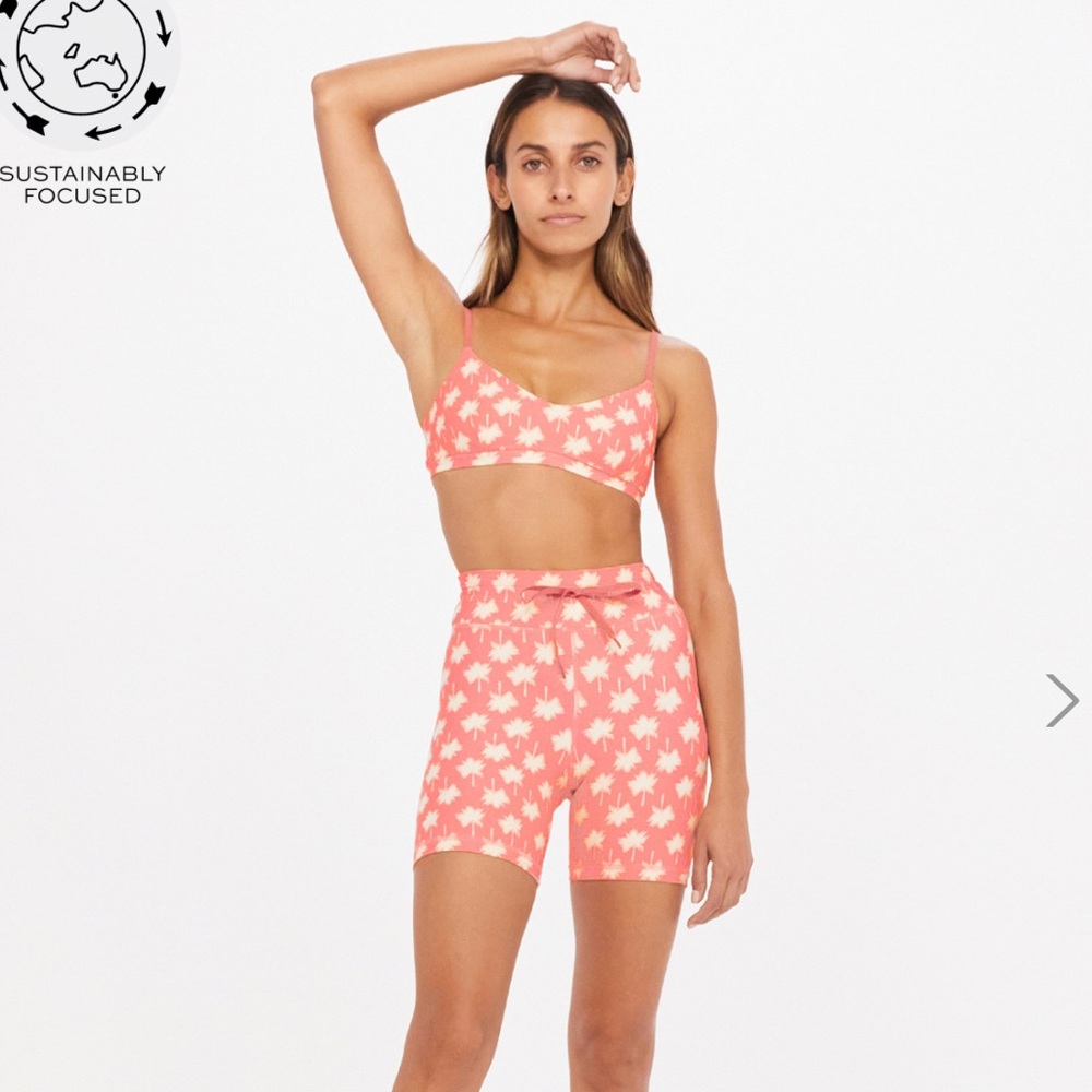 The Upside Coral Pink Palm-Print Sports Bra